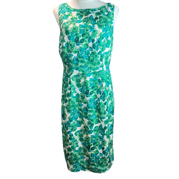 Boden Green Leaf Print Sheath Dress Size 8R  Sleeveless Floral Fitted Dress - Picture 1 of 9